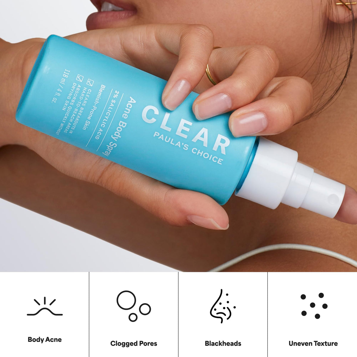 Paula's Choice spray being applied to back to reduce breakouts