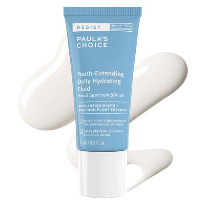 Paula's Choice front packaging showing SPF 50 and compact tube for travel benefit
