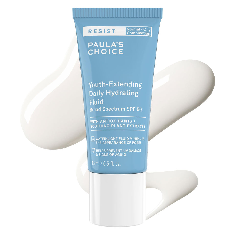 Paula's Choice front packaging showing SPF 50 and compact tube for travel benefit