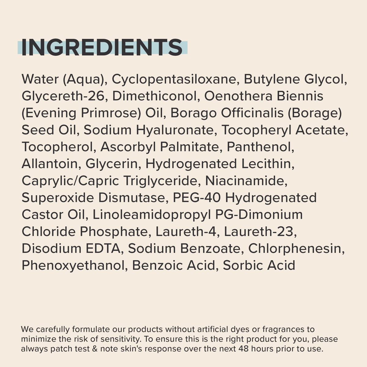 Paula's Choice ingredients label close-up, highlights hyaluronic acid and vitamin E