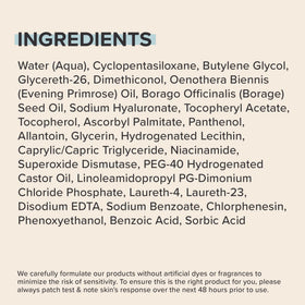 Paula's Choice ingredients label close-up, highlights hyaluronic acid and vitamin E