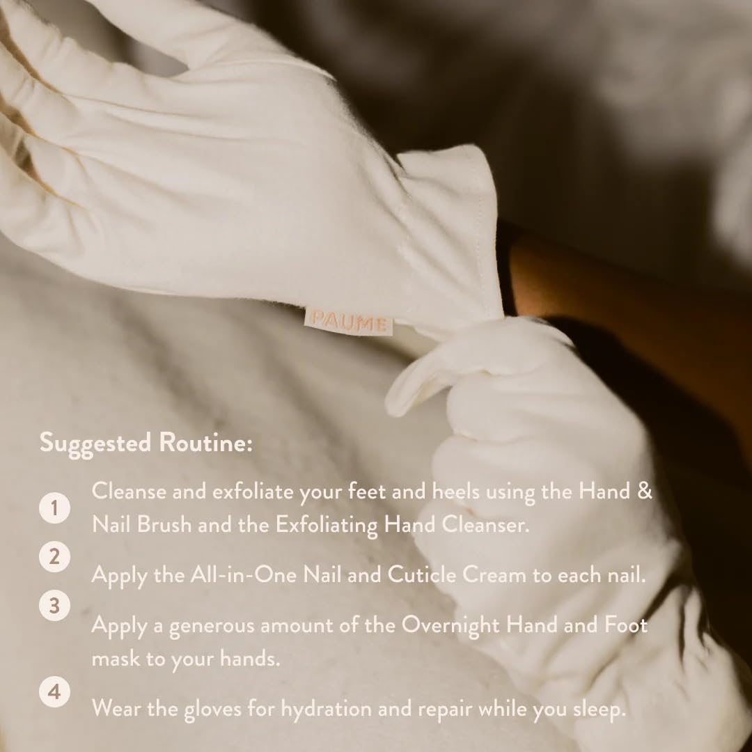 PAUME gloves being worn after applying hand mask to boost hydration