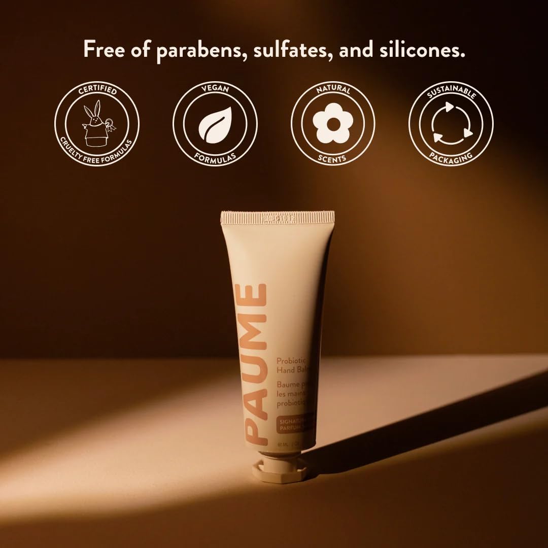 PAUME ingredient label close-up highlighting plant-based emollients and probiotics benefit