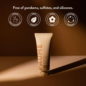 PAUME ingredient label close-up highlighting plant-based emollients and probiotics benefit