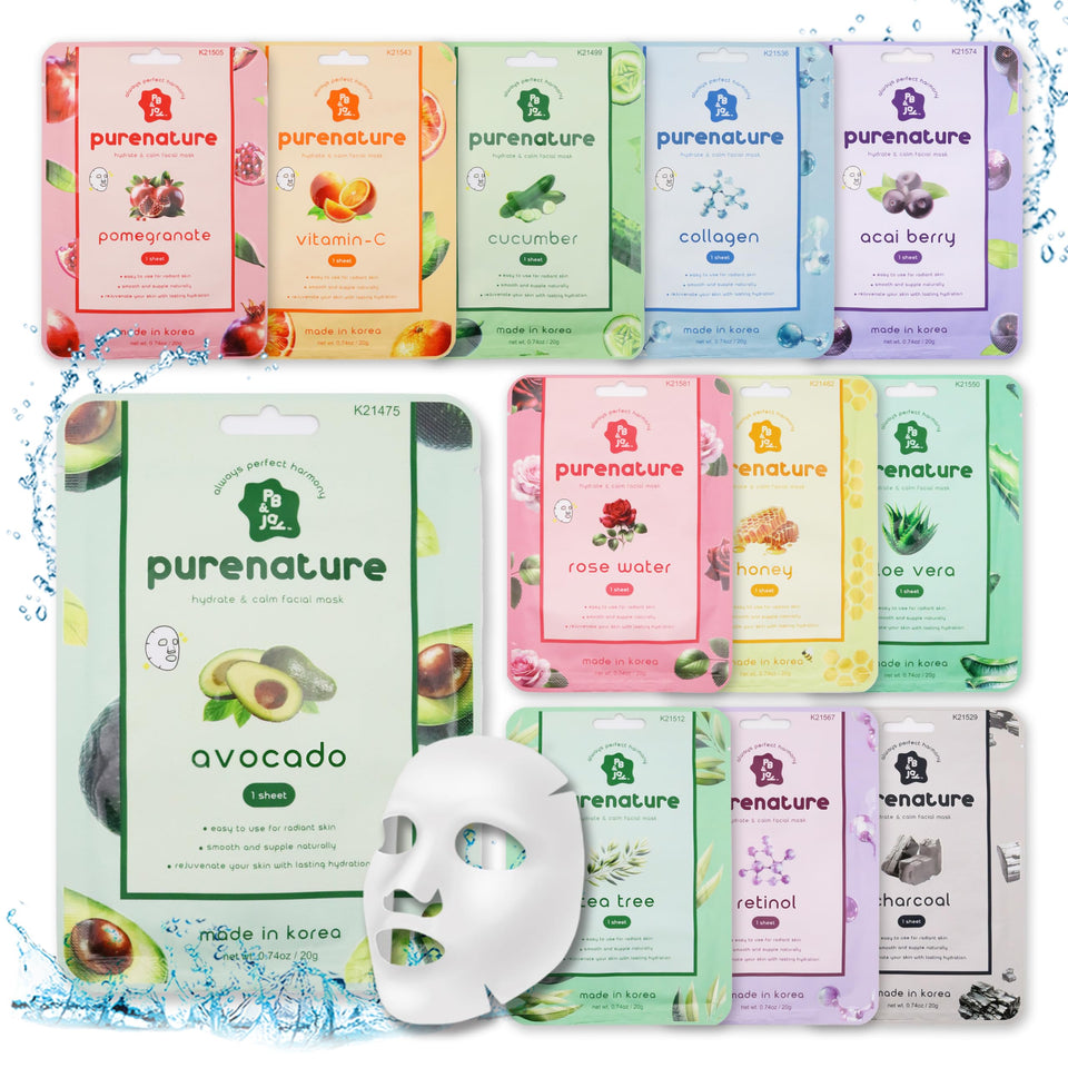 PB & JAY front packaging showing 12-sheet mask set and contents benefit clarity