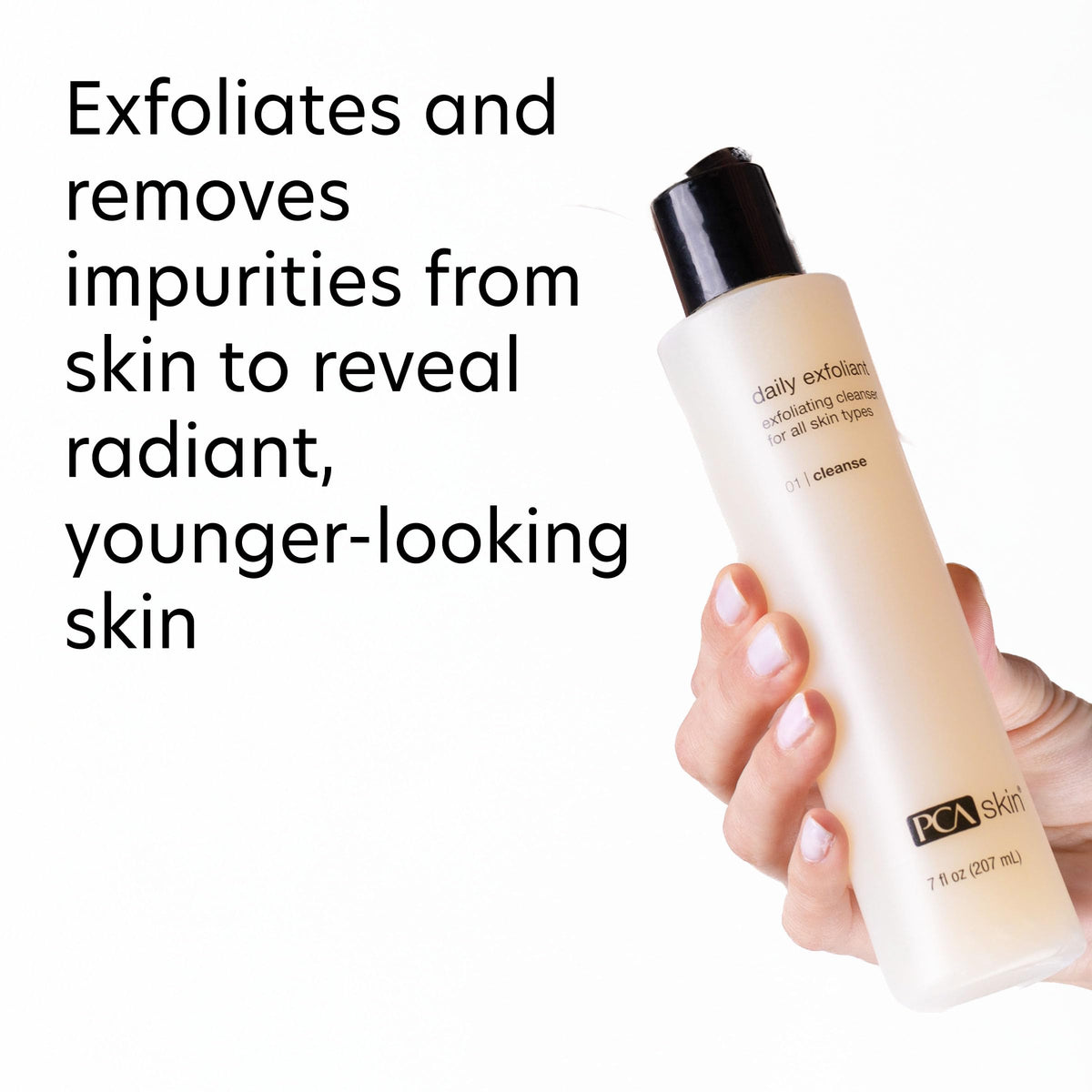 PCA SKIN bottle held in hand to show size and easy handling