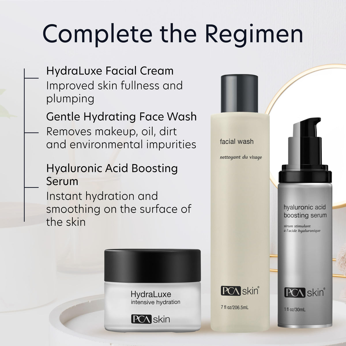 PCA SKIN on bathroom counter in lifestyle scene for routine readiness
