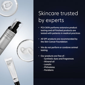 PCA SKIN label close-up highlighting ingredients and fragrance-free formulation benefits