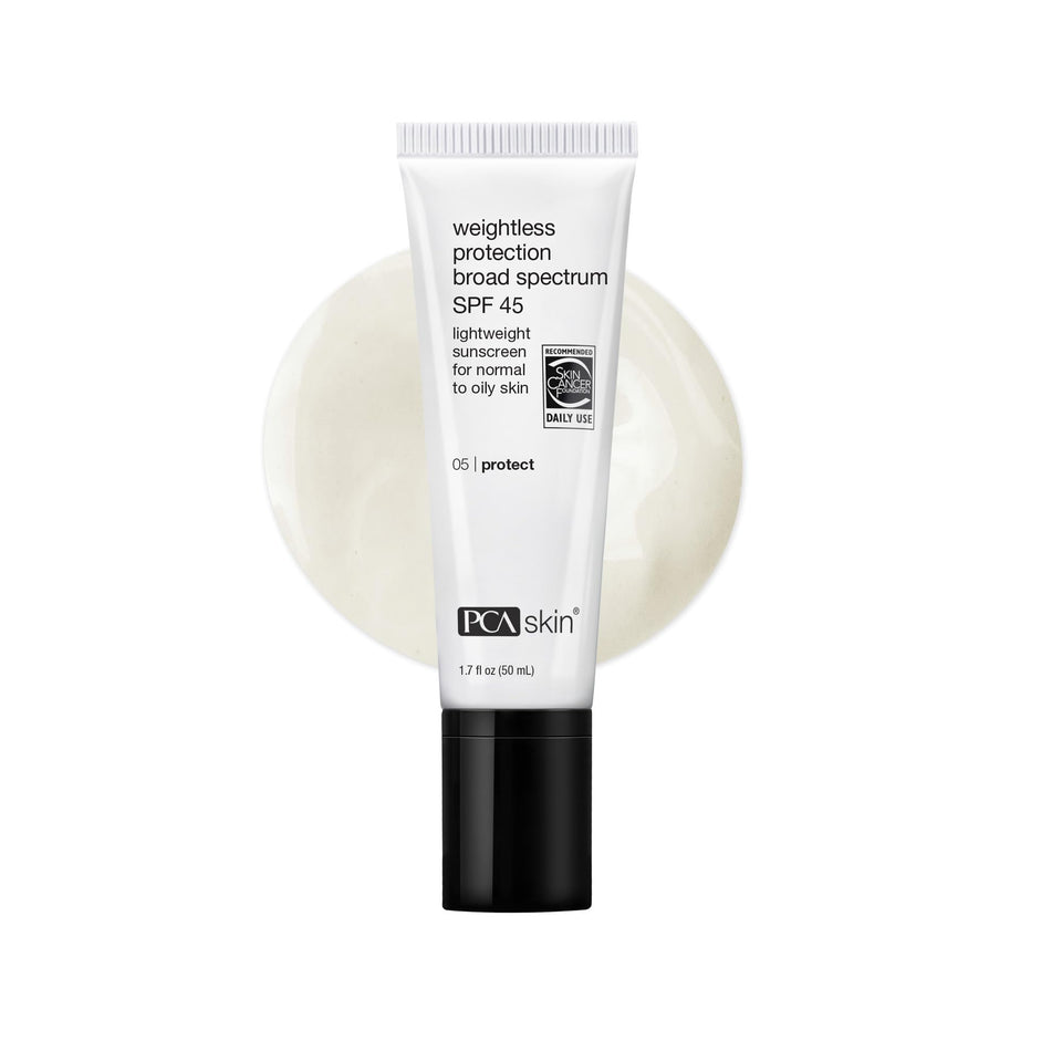 PCA SKIN front packaging showing SPF 45 and lightweight benefit