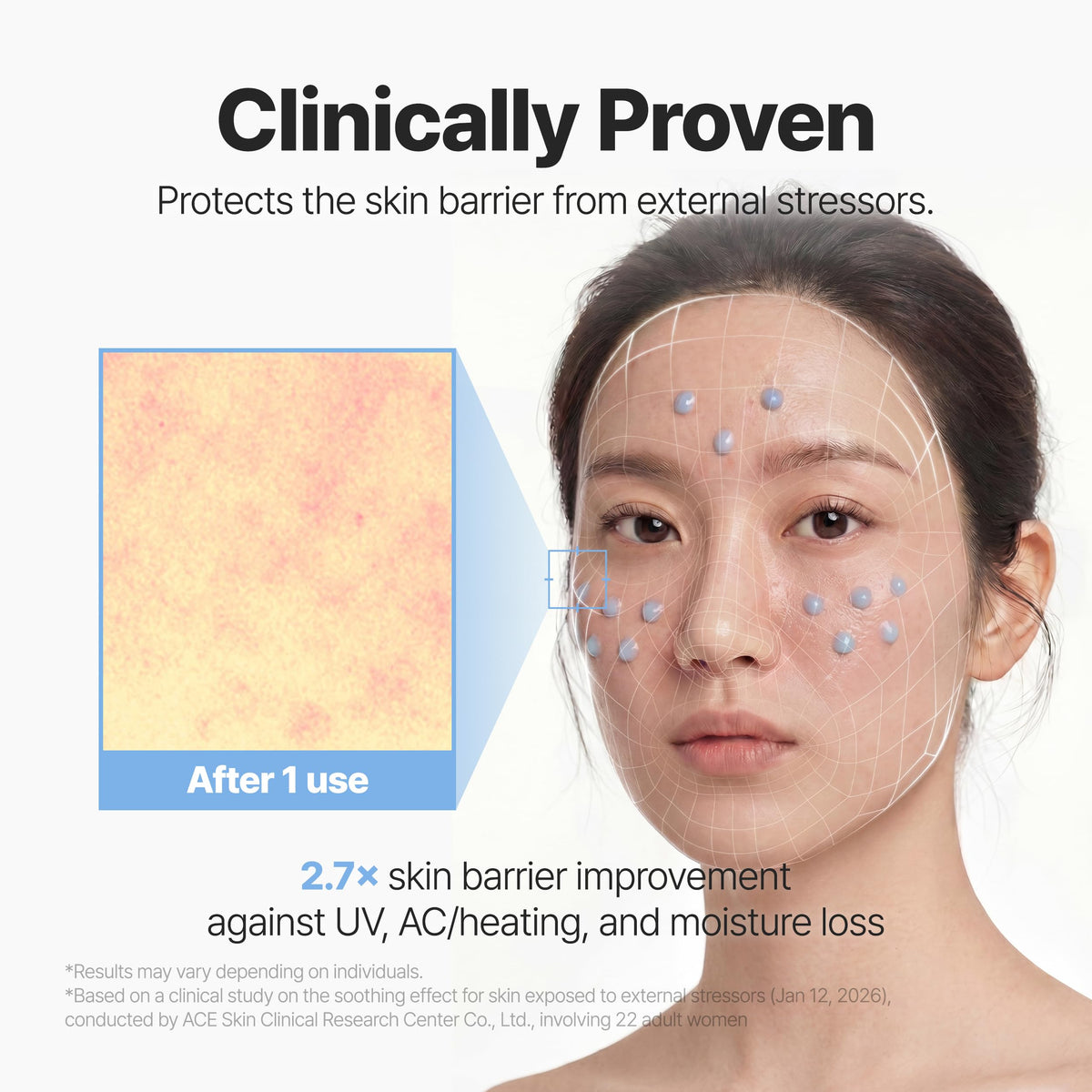 P.CALM application on model cheek showing hydrating finish and natural glow benefit