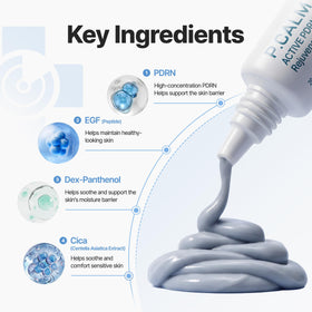 P.CALM ingredient bottle beside PDRN graphic highlighting concentrated conditioning