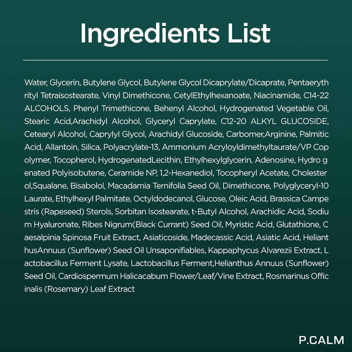 P.CALM packaging detail showing recyclable materials and clean-beauty benefit