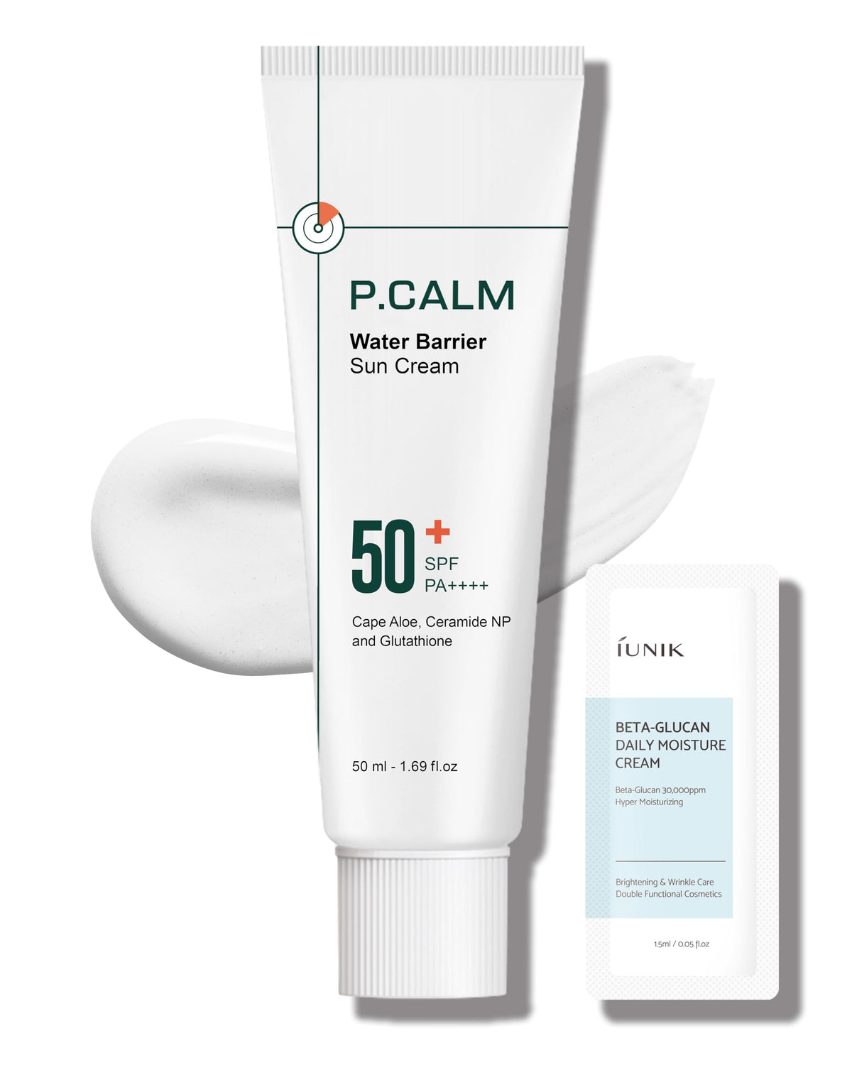 P.CALM front packaging showing SPF50+ protection and matte finish