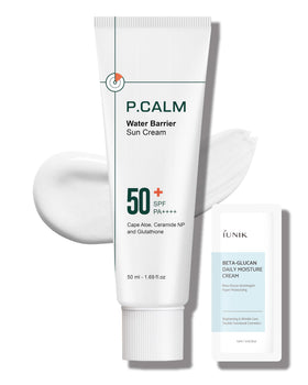 P.CALM front packaging showing SPF50+ protection and matte finish