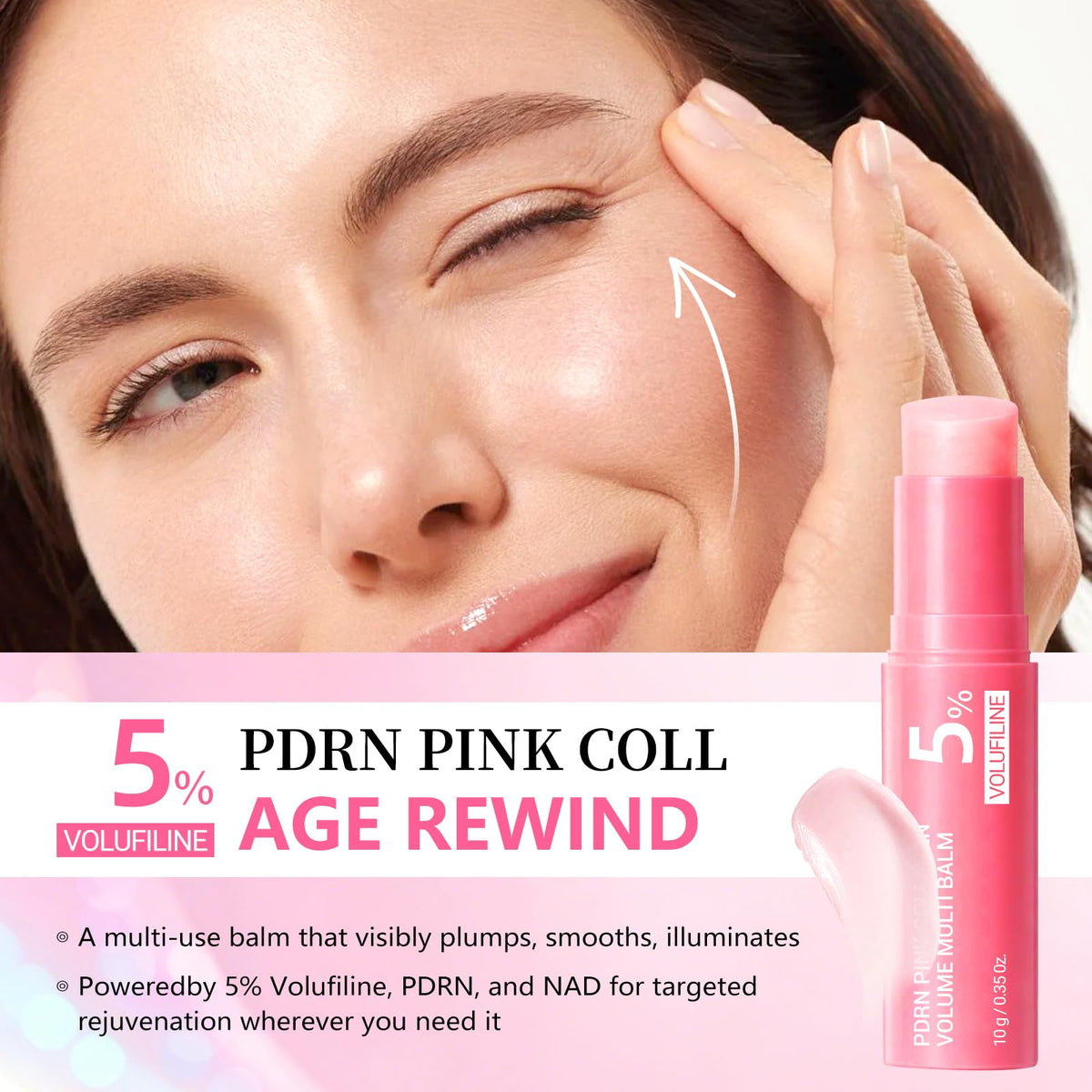 Generic PDRN swipe on forehead and smile line demonstrating instant softening benefit