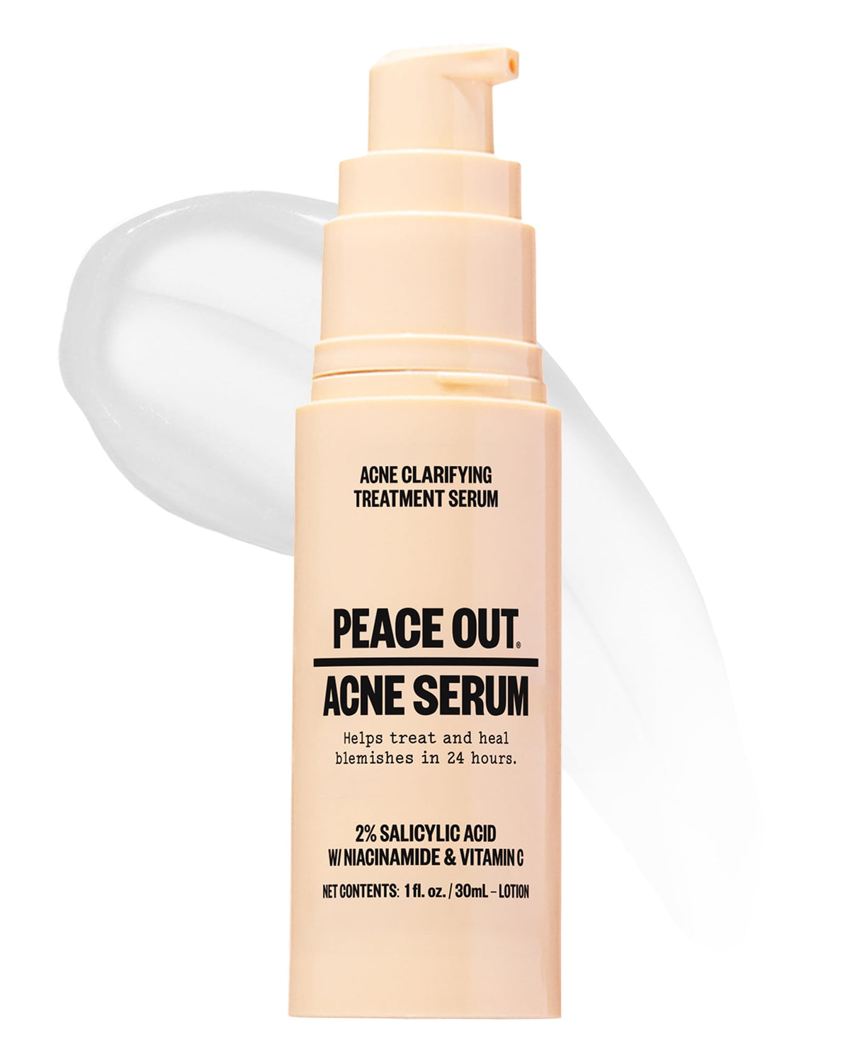 PEACE OUT front bottle view showing product and clear benefit of targeted acne care