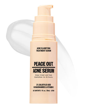 PEACE OUT front bottle view showing product and clear benefit of targeted acne care