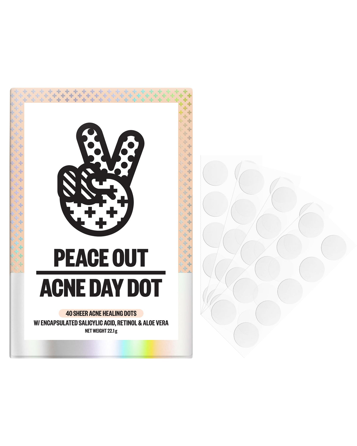PEACE OUT front packaging showing 40 acne day dot patches and benefits