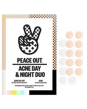 PEACE OUT front packaging showing the day and night duo set and benefits