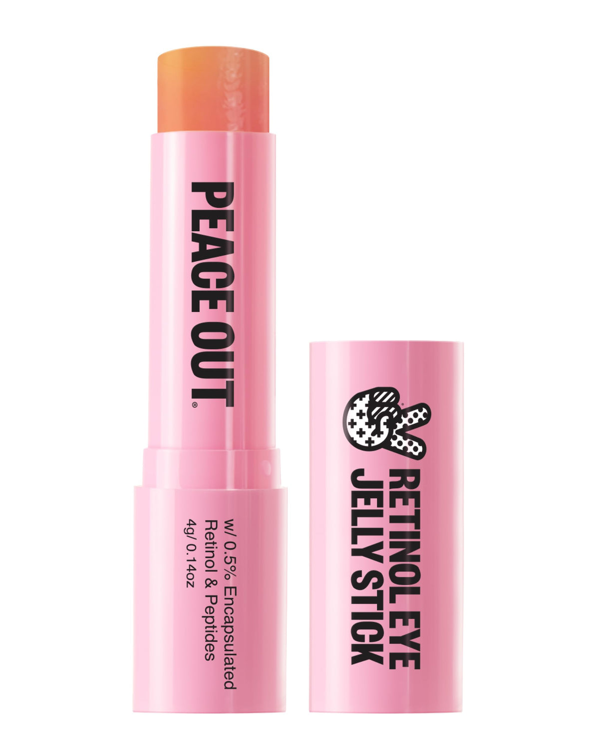 PEACE OUT front packaging of retinol eye jelly stick showing compact 0.14 oz benefit