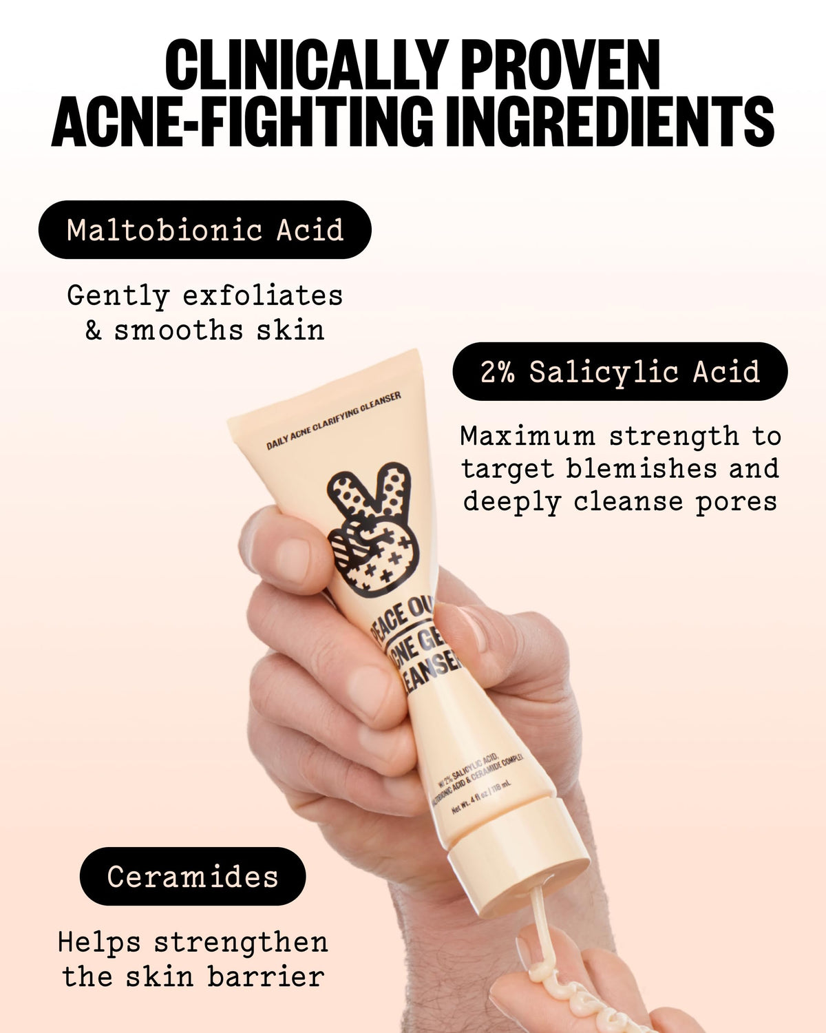 PEACE OUT foamy lather in palm showing effective cleansing and pore clearing benefit