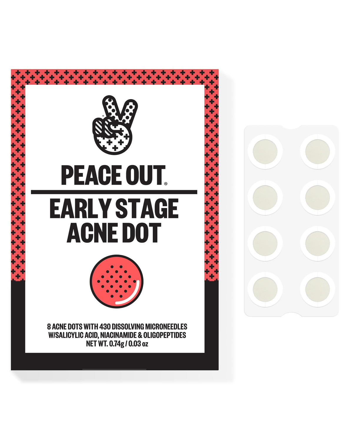 PEACE OUT front packaging showing Early Stage Acne Dots for targeted blemish care