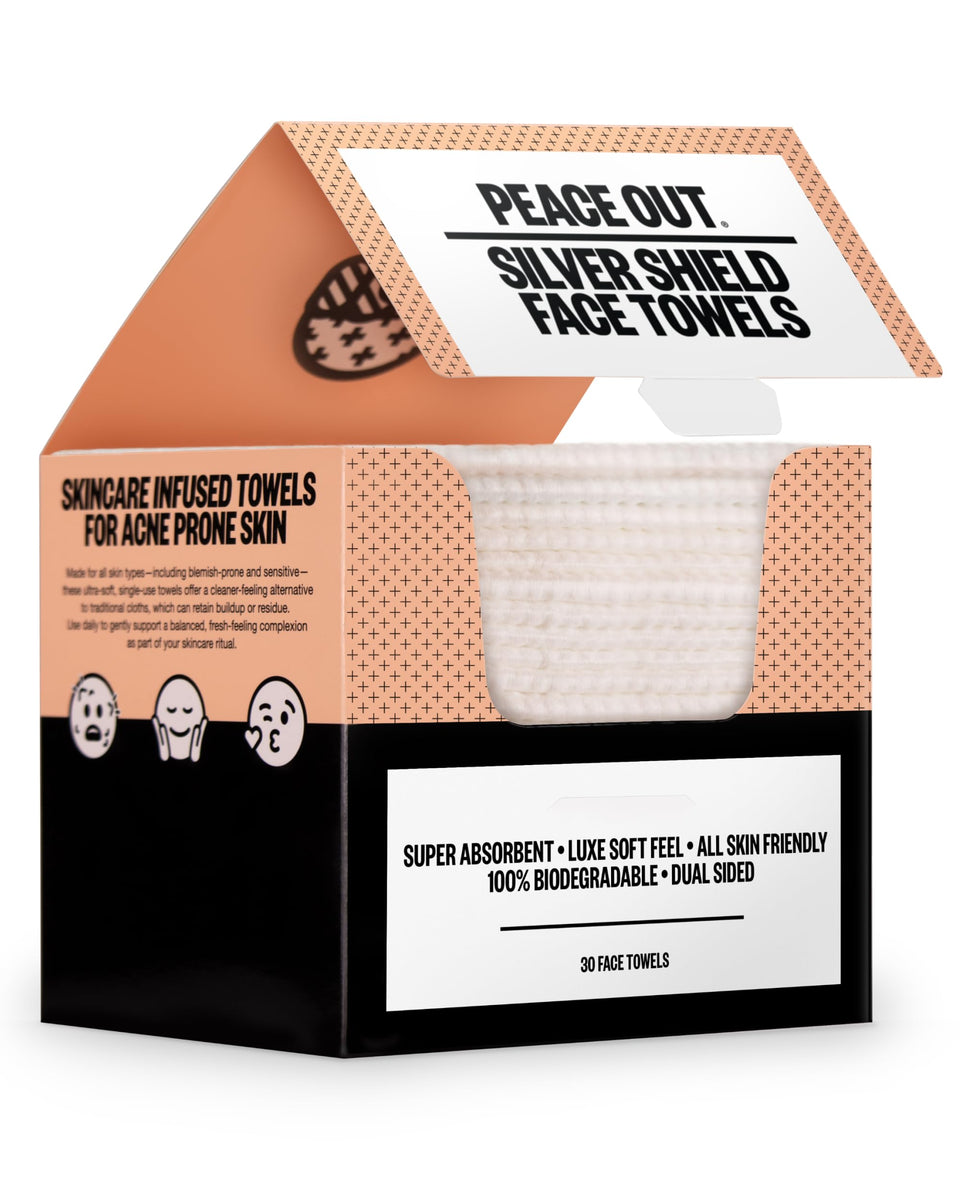 PEACE OUT front packaging showing 30-count disposable face towels with benefits