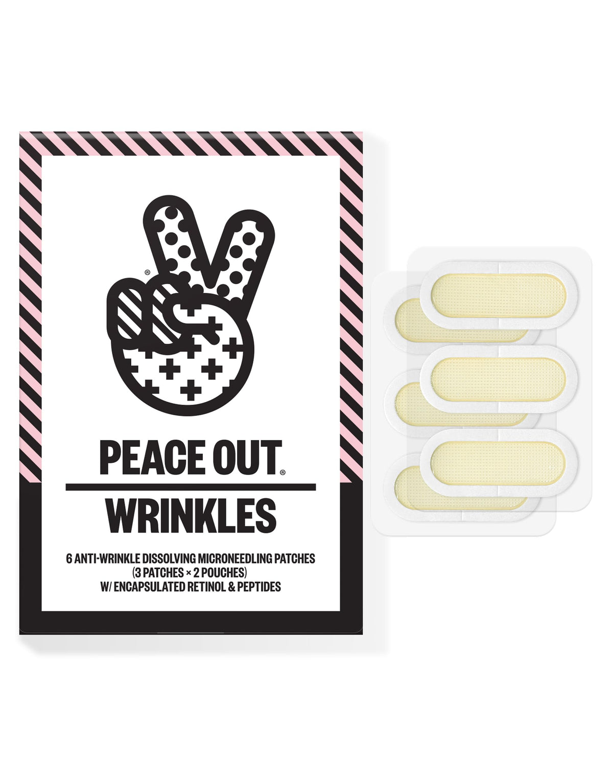 PEACE OUT front packaging of microneedling wrinkle patches showing product benefits