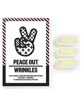 PEACE OUT front packaging of microneedling wrinkle patches showing product benefits