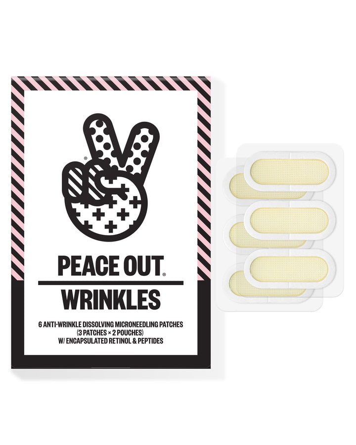 PEACE OUT front packaging of microneedling wrinkle patches showing product benefits