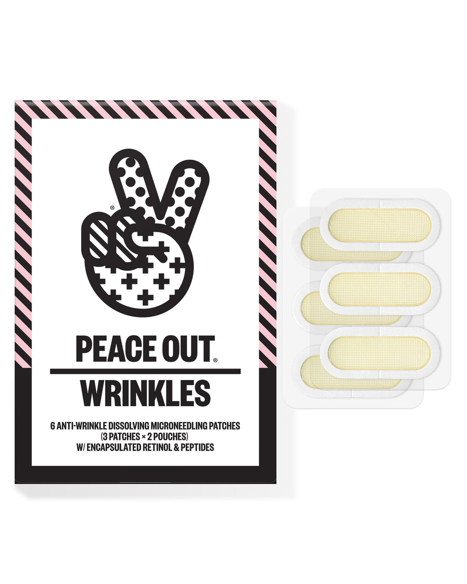 PEACE OUT front packaging of microneedling wrinkle patches showing product benefits