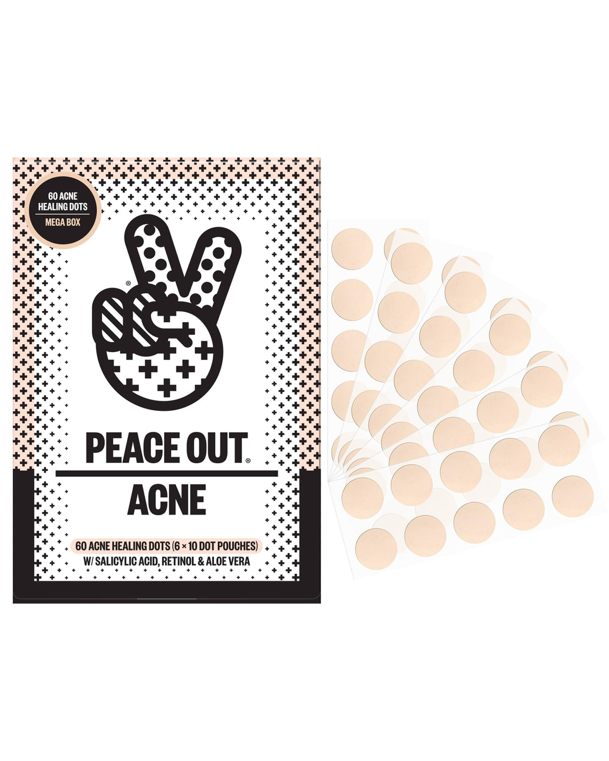 PEACE OUT front packaging showing 60-count healing dots and benefits