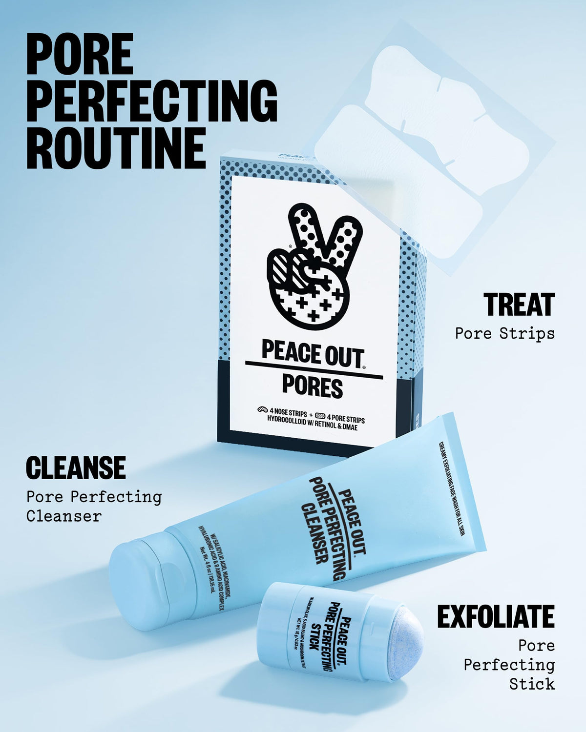 PEACE OUT in bathroom setting by mirror showing routine-ready convenience