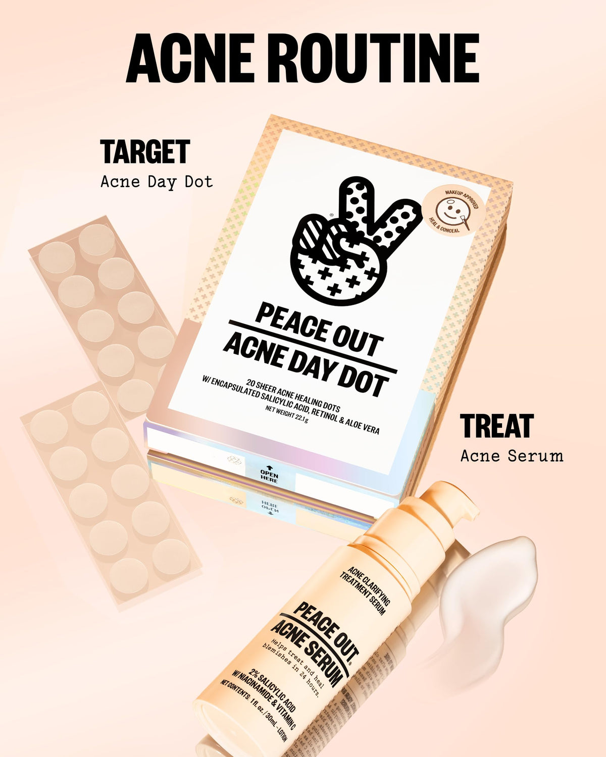 PEACE OUT removed dot showing absorbed impurities and single-use cleanliness benefit