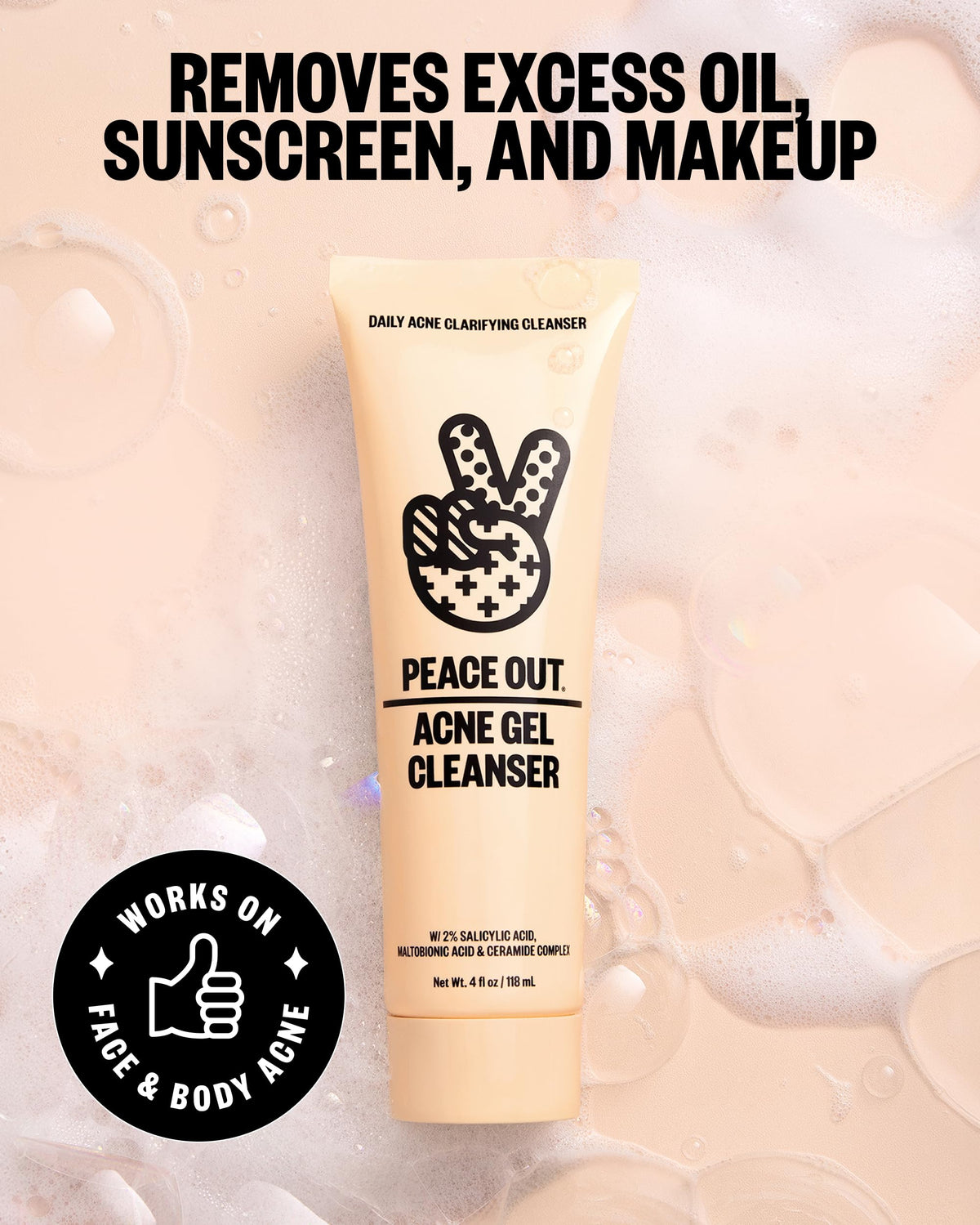 PEACE OUT bottle next to ruler demonstrating 4 fl oz size and travel-friendly benefit