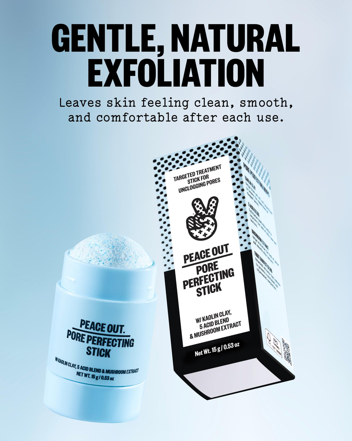 PEACE OUT stick beside cleanser and moisturizer showing routine-friendly benefit