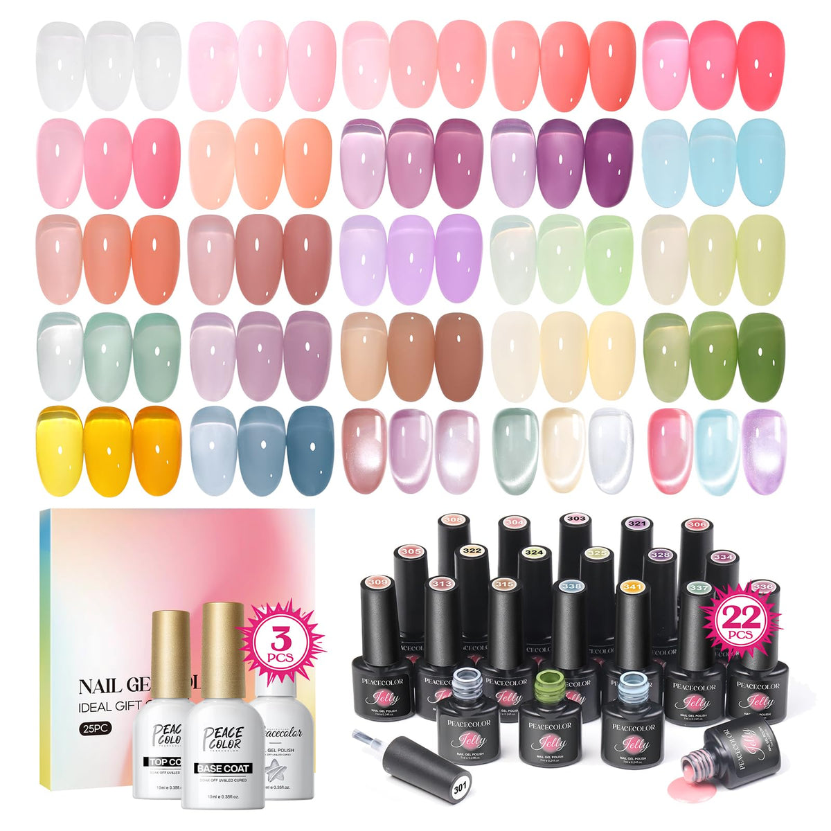 PEACECOLOR front packaging showing full 25-piece jelly gel nail kit and benefits