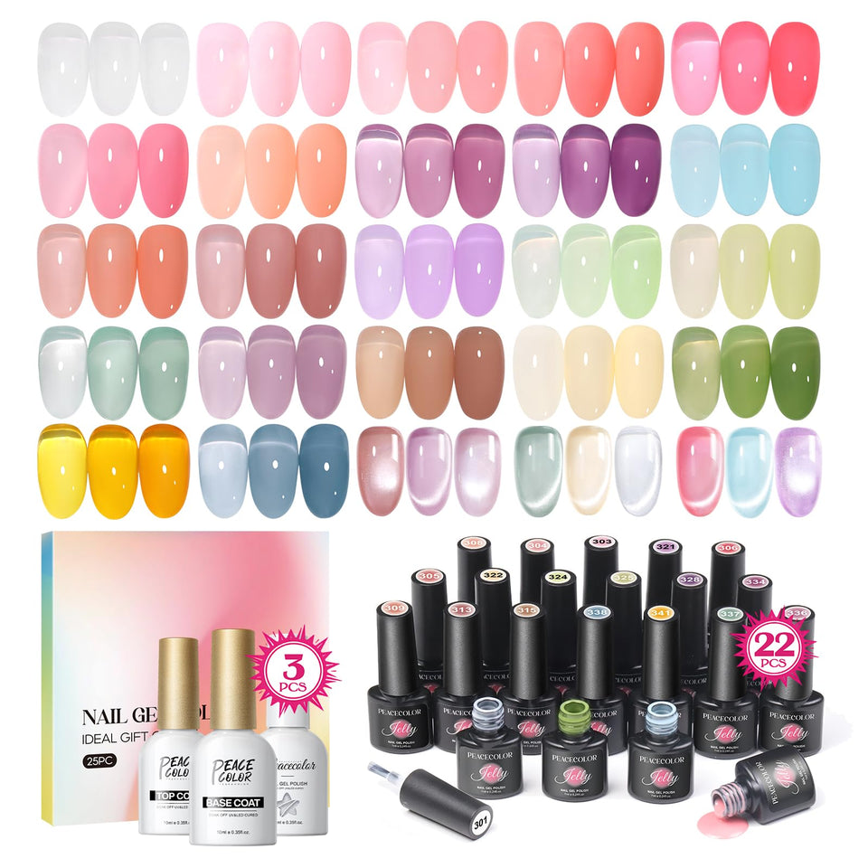 PEACECOLOR front packaging showing full 25-piece jelly gel nail kit and benefits