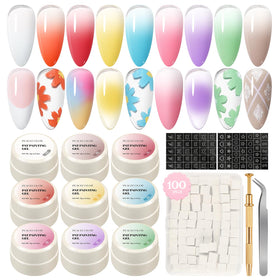 PEACECOLOR kit flatlay showing all nine gels and tools for versatile at-home nail art