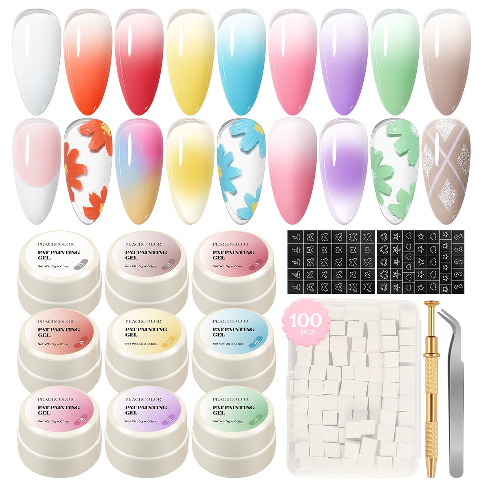 PEACECOLOR kit flatlay showing all nine gels and tools for versatile at-home nail art