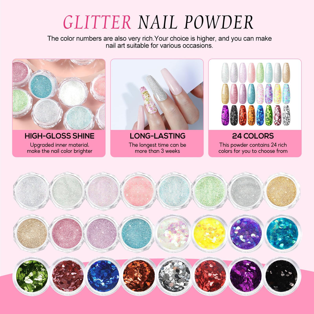 PEACECOLOR three acrylic powders and 24 glitters for creative designs