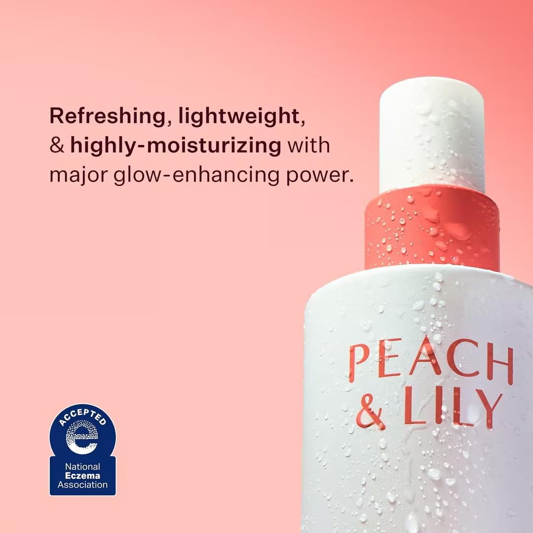 Peach & Lily mist spray mid-air, ultra-fine hydration delivered evenly for glow