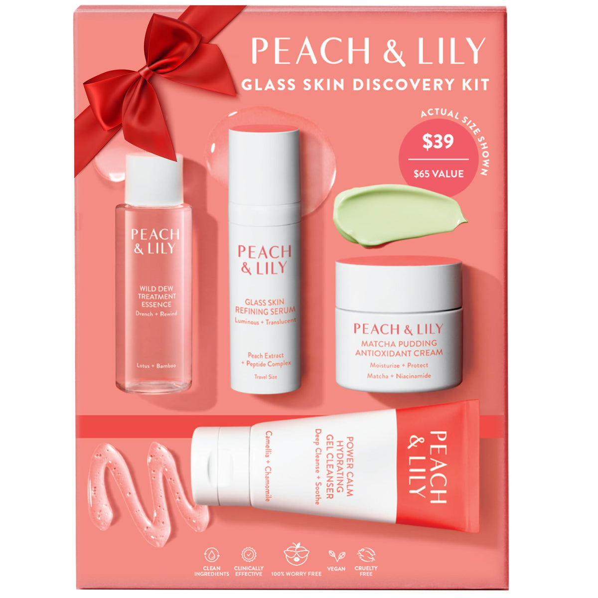 Peach & Lily kit front packaging showing all four travel products and convenience