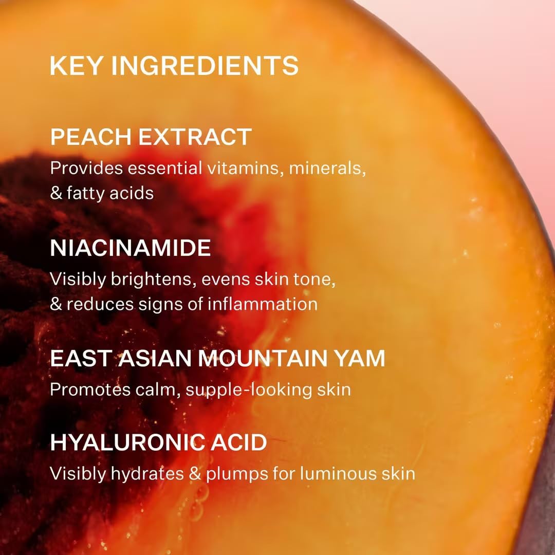 Peach & Lily ingredients display with peach and yam illustrating botanical brightening support