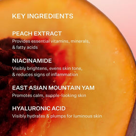 Peach & Lily ingredients display with peach and yam illustrating botanical brightening support