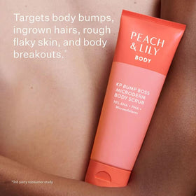 Peach & Lily scrub applied in shower demonstrating exfoliation and rinsing benefit