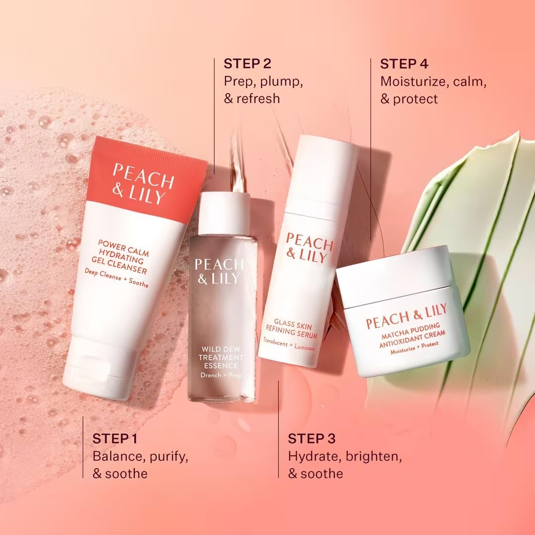 Peach & Lily routine styled on bathroom vanity illustrating everyday skincare ritual benefit