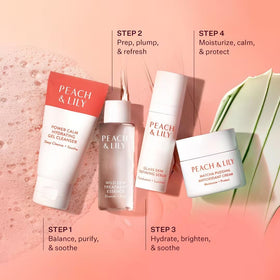 Peach & Lily routine styled on bathroom vanity illustrating everyday skincare ritual benefit