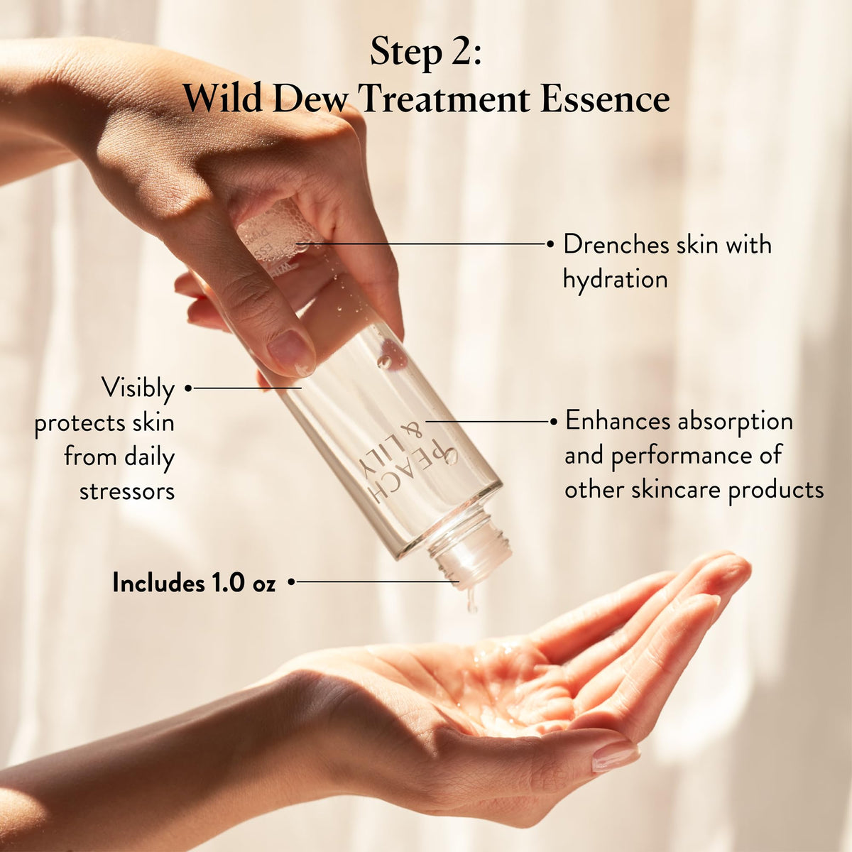 Peach & Lily serum dropper displaying lightweight refining texture and smoothing benefit
