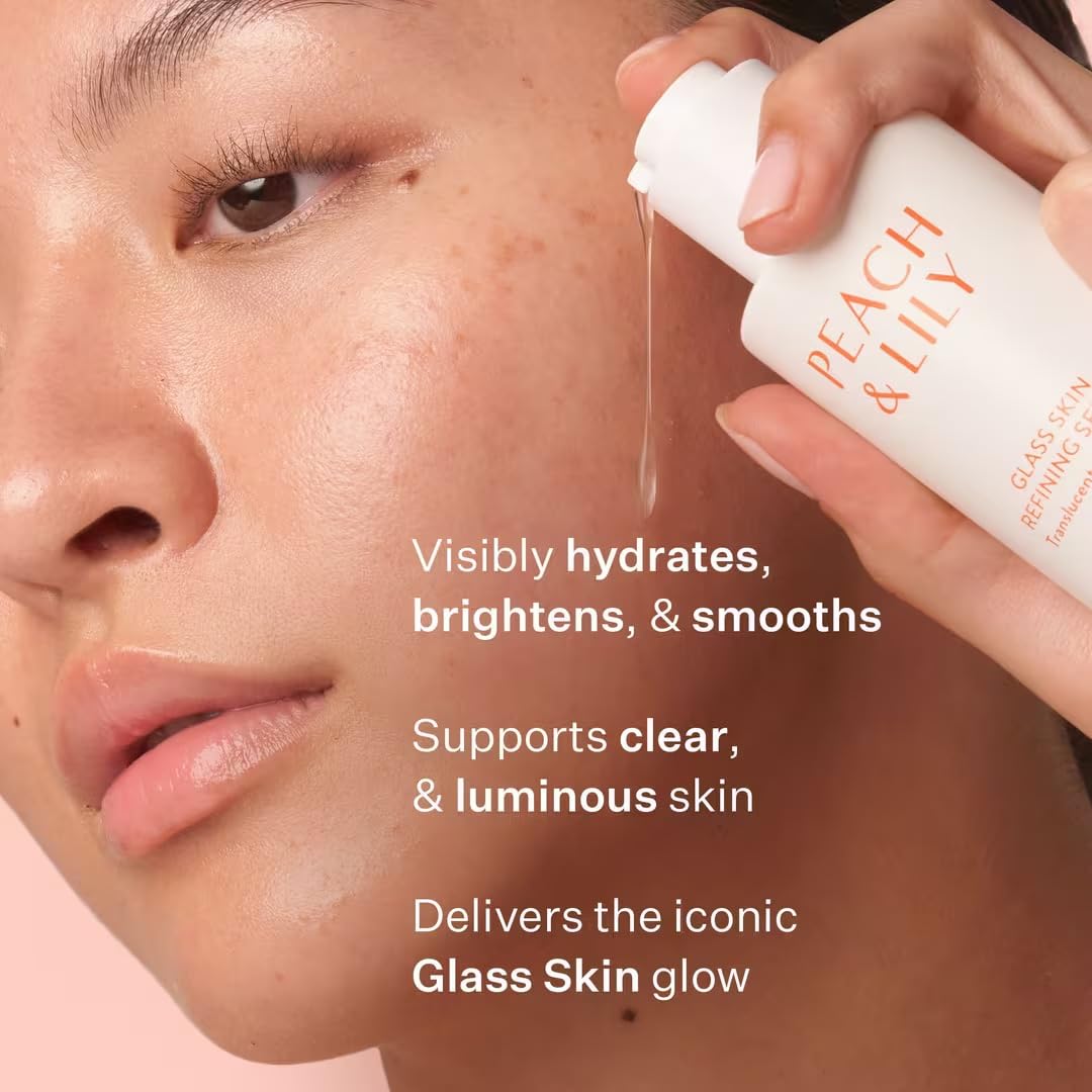 Peach & Lily clear-serum texture on skin close-up showing lightweight hydration finish